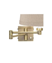 Barnes and Ivy Modern Swing Arm Wall Lamp Antique Brass Plug-In Light Fixture Natural Linen Drum Shade for Bedroom Bedside Reading