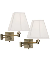 Barnes and Ivy Modern Swing Arm Wall Lamps Set of 2 Antique Brass Plug-In Light Fixture Ivory Square Shade Bedroom Bedside Reading