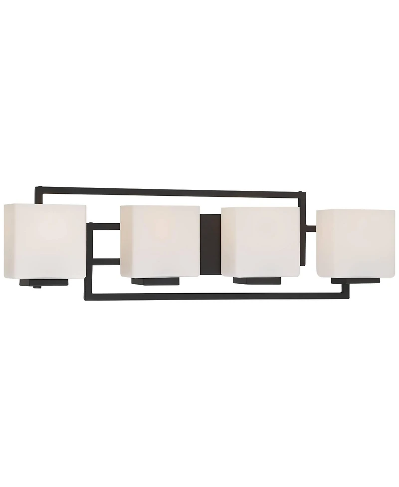 Possini Euro Design Modern Wall Light Black Hardwire 29" 4-Light Fixture White Rectangular Glass Shade for Bathroom Vanity Home