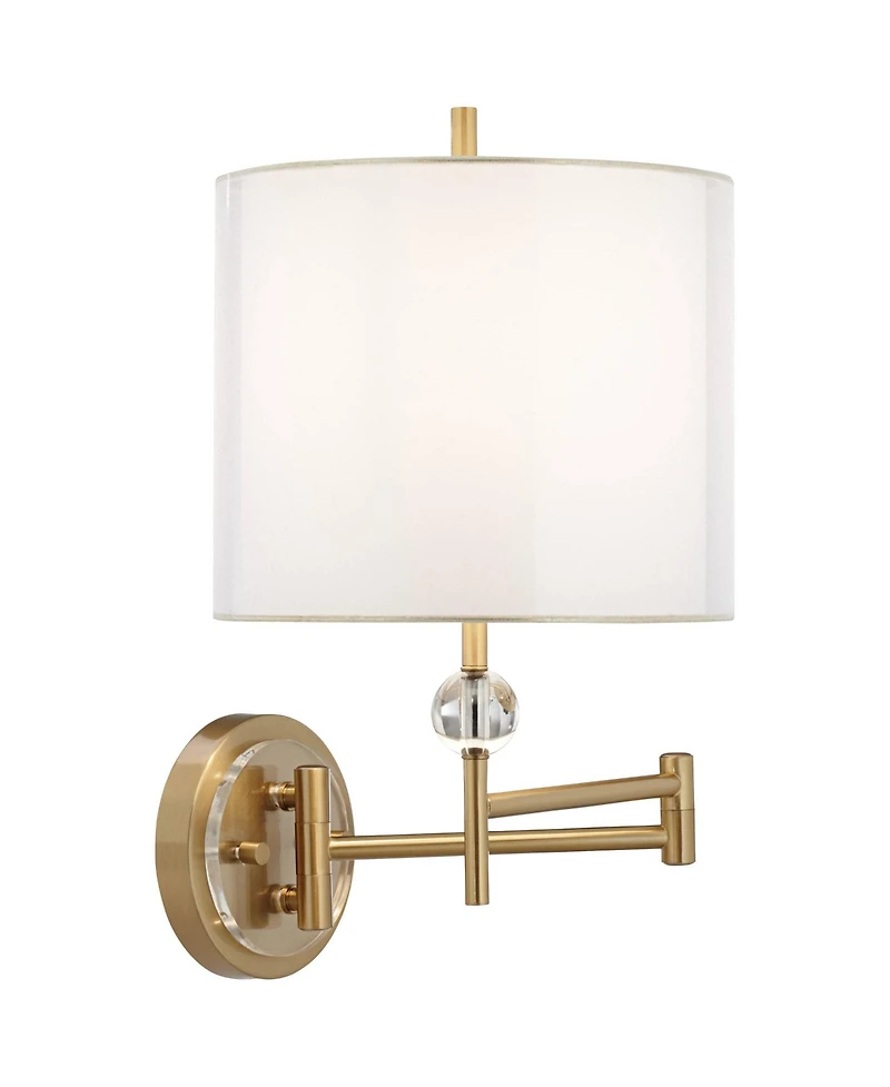Possini Euro Design Kohle Modern Swing Arm Wall Lamps Set of 2 Polished Brass Plug-In Light Fixture White Drum Shade for Bedroom