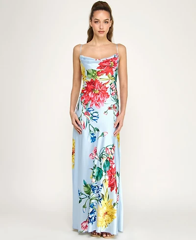 B Darlin Juniors' Cowl Neck Printed Spaghetti Straps Satin Gown