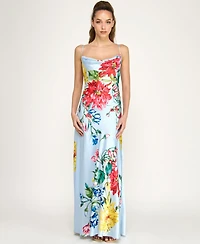 B Darlin Juniors' Cowl Neck Printed Spaghetti Straps Satin Gown