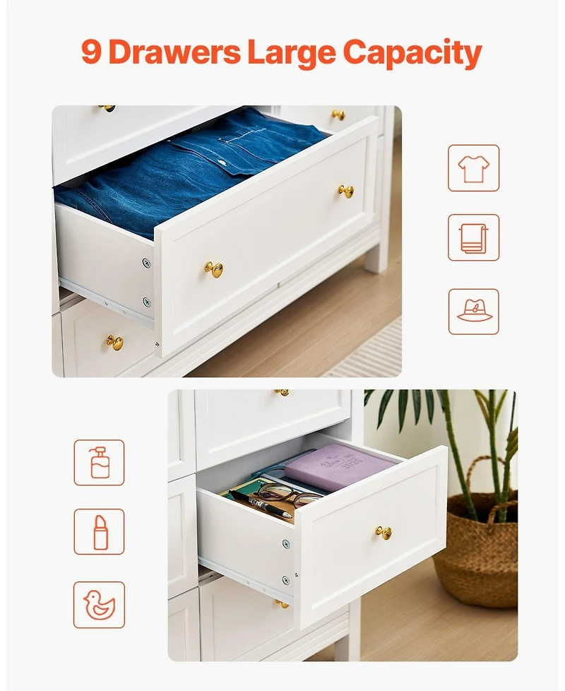 Gouun 9 Drawer Dresser, Wooden Chest of Drawers with Sliding and Anti