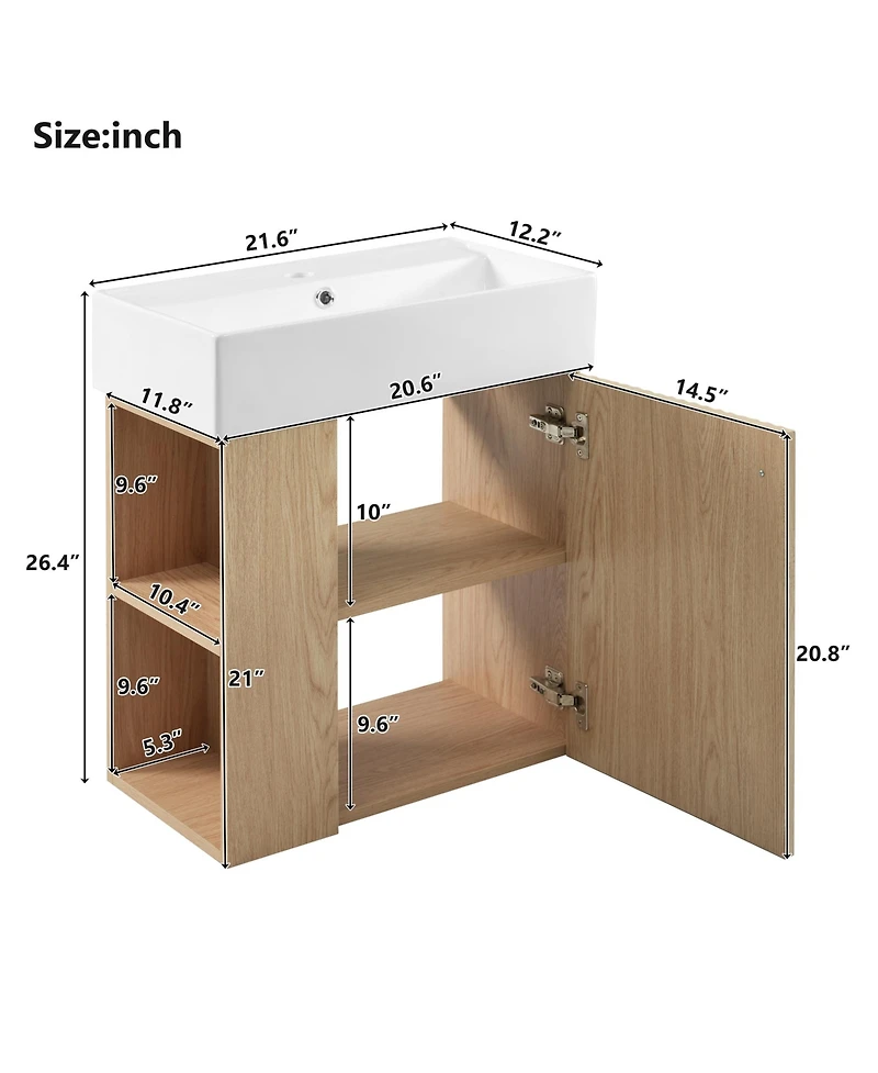 Casainc 21.6" Floating Bathroom Vanity with Ceramic Basin, Bathroom Storage Cabinet with Left Side Storage