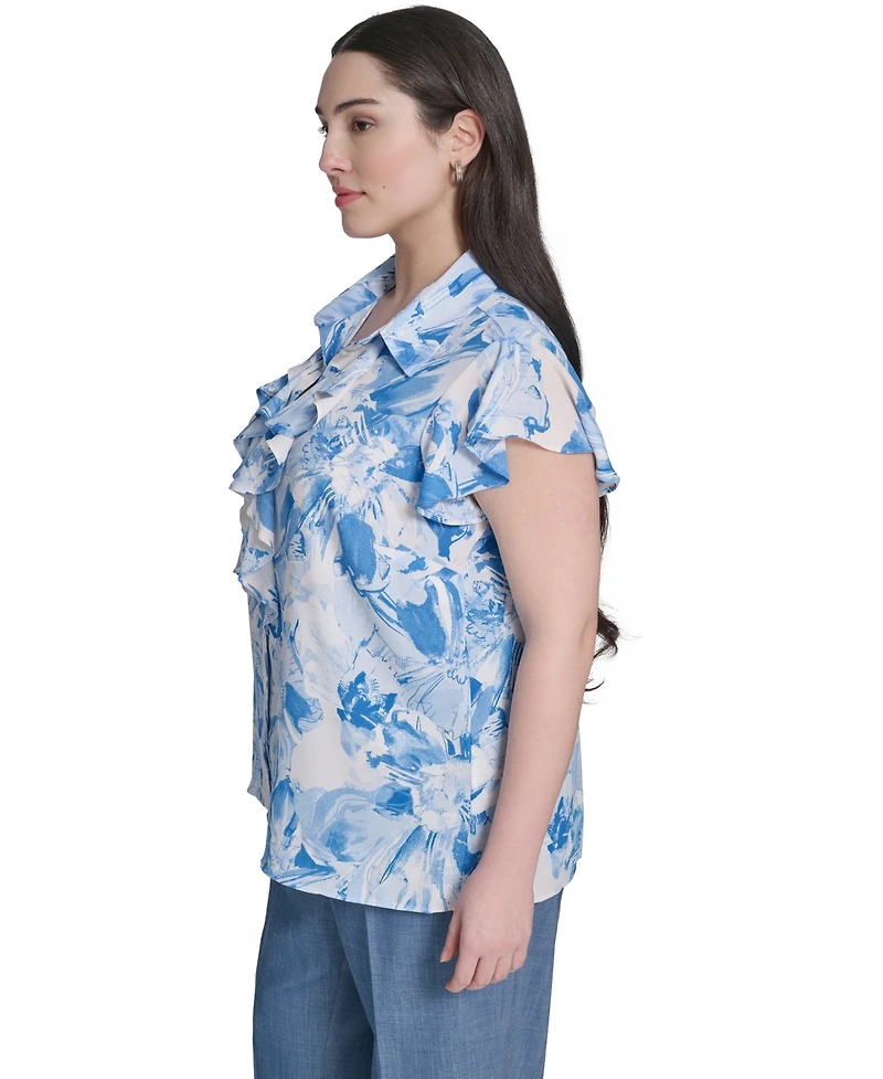 Calvin Klein Plus Cap-Sleeve Ruffle-Front Collared Top