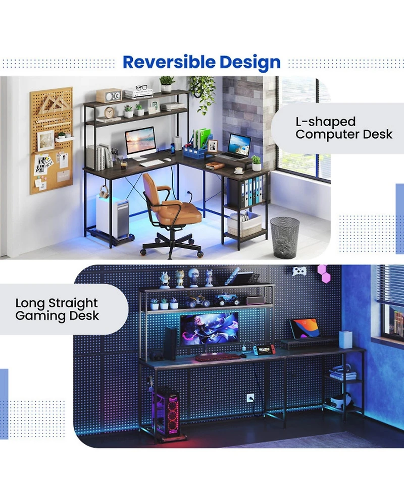 Gouun L-Shaped Reversible Gaming Desk with Led Lights, Power Outlets, Monitor Stand and Hutch