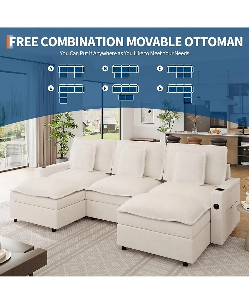 gaomon Sectional Couches, 108 in Cloud Modular Sectional Sofa, U-Shaped Chenille Deep Seat Sofa with Storage Armrests and Charging Ports