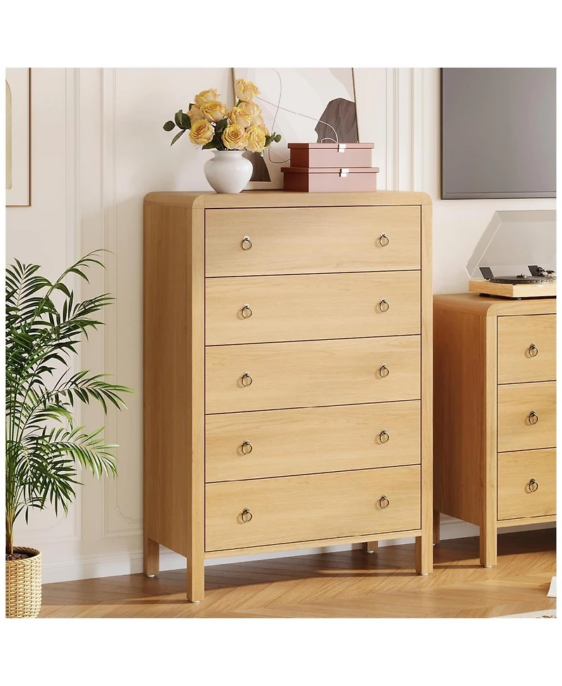 Gaomon Mid-Century Modern Wood Dresser with 5 Drawers for Bedroom