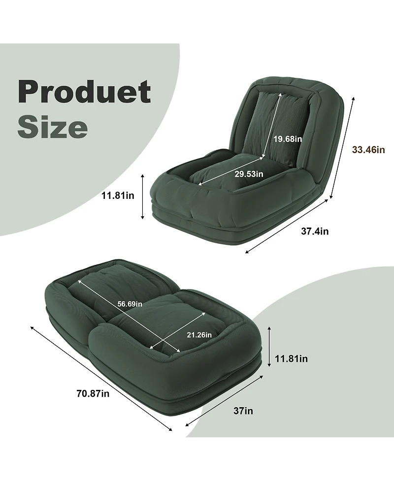 Rainsken Convertible Corduroy Lazy Sofa Bed, 5-Position Adjustable Folding Lounge Chair, Upholstered Sleeper Seat for Living Room, Reading Room