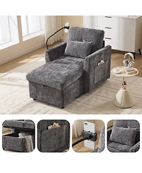 Rainsken Lazy Reclining Lounge Chair, Chenille Upholstered Single Sofa with Storage, Phone Holder and Side Pockets for Bedroom, Living Room
