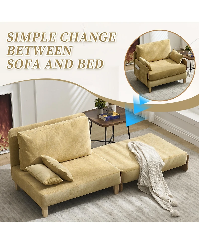 Rainsken Modern Chenille Lounge Recliner Sleeper Sofa with 3 Pillows and Side Pocket, Convertible Sofa Bed for Living Room, Bedroom and Home Office