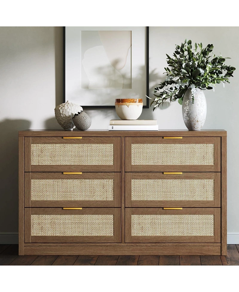 gaomon 53" Rattan Dresser - 6-Drawer Wooden Chest with Handles, Modern Storage Organizer with Smooth-Glide Drawers
