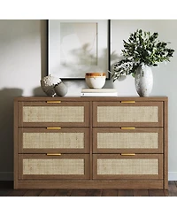gaomon 53" Rattan Dresser - 6-Drawer Wooden Chest with Handles, Modern Storage Organizer with Smooth-Glide Drawers