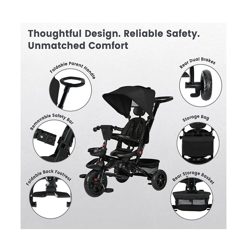 Kinder King 7-in-1 Folding Kids Tricycle Stroller with Adjustable Push Handle, Parent Toddler Trike