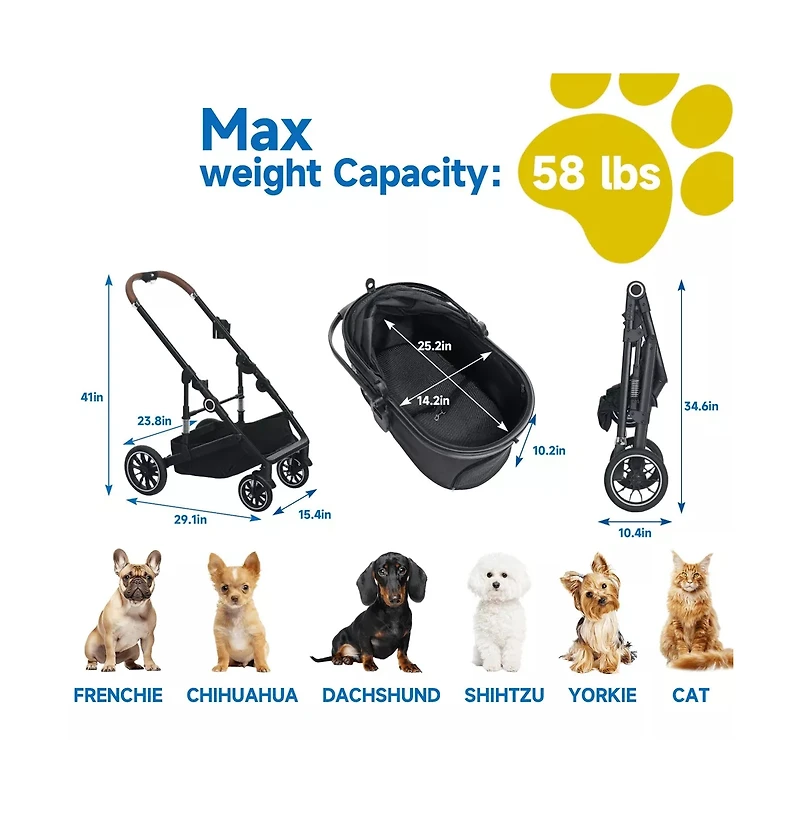 Kinder King 3-in-1 Folding Pet Stroller with Detachable Carrier for Small to Medium Dog and Cat up 50 lbs, Storage Basket, Blue