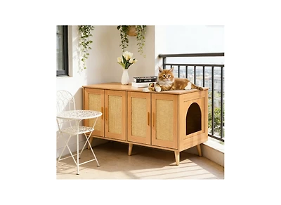 Zeus & Ruta Wooden Cat Litter Box Enclosure Hidden Litter Box Furniture for 2 Cats Modern Pet Cabinet