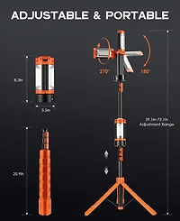 Rechargeable 10000mAh Camping Light Cordless Work Light with Detachable Stand 6.5 ft Max Height, 3 Led Lamp Heads, 2500 Lumens Emergency Flashlight