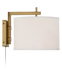 360 Lighting Adair Mid Century Modern Wall Lamp Warm Brass Metal Plug-in 12" Light Fixture Linen Drum Shade for Bedroom Reading Living Room Hallway