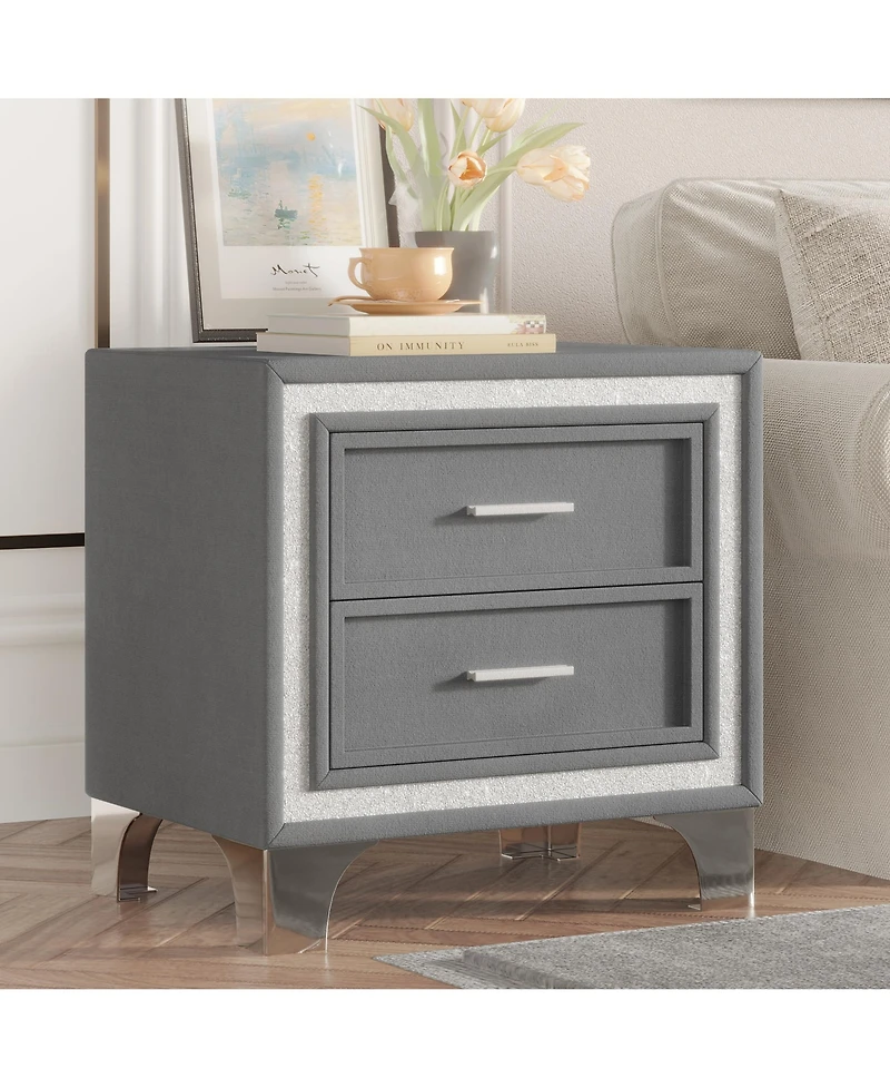 sumyeg Mid Century Vintage Nightstand with 2 Drawers, Silver Glitter Strip and Metal Legs