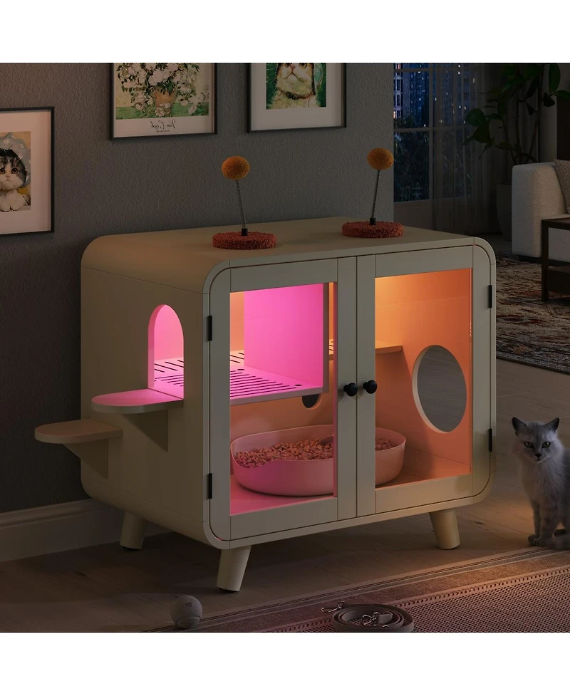 6thdruple Cat Pet House with Rgb Led Light, Glass Doors, Stairs, Hidden Litter Box Cabinet