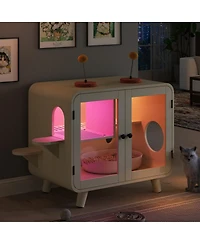 6thdruple Cat Pet House with Rgb Led Light, Glass Doors, Stairs, Hidden Litter Box Cabinet