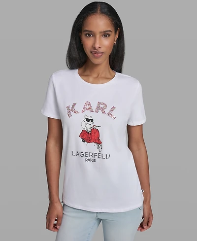 Karl Lagerfeld Paris Women's Choupette On Moped Printed Crewneck Top
