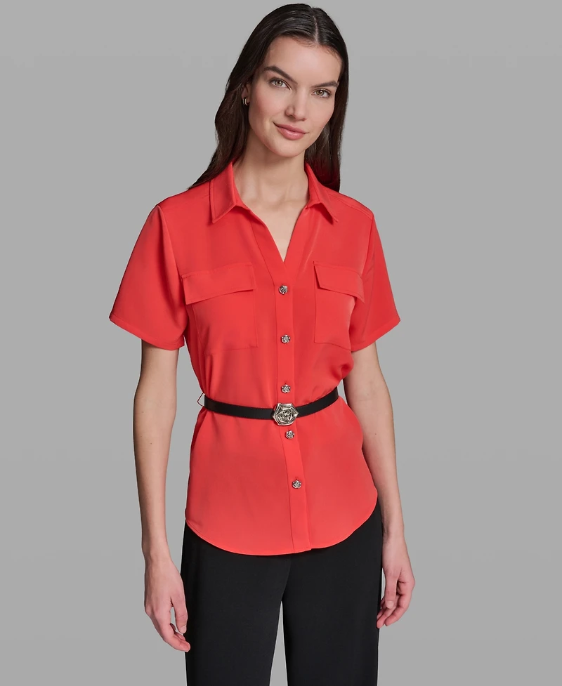 Karl Lagerfeld Paris Women's Belted Short-Sleeve Top