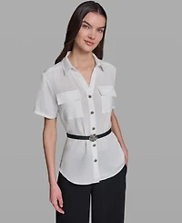 Karl Lagerfeld Paris Women's Belted Short-Sleeve Top