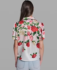 Karl Lagerfeld Paris Women's Printed Collared Tie-Front Polyester Top