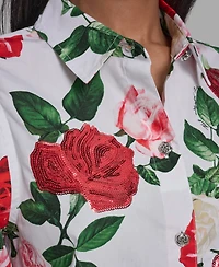 Karl Lagerfeld Paris Women's Printed Puff-Sleeve Collared Top
