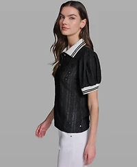 Karl Lagerfeld Paris Women's Collared Short-Sleeve Top