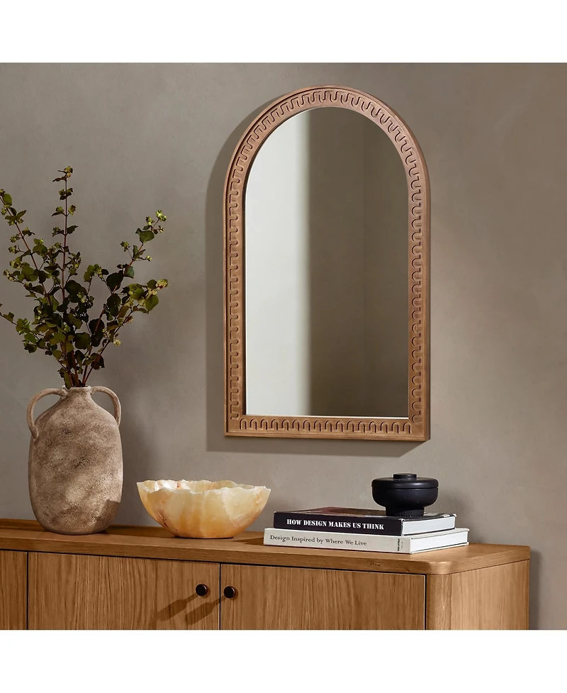 LuxenHome 39.4'' Arched Wall Mirror with Carved Rubberwood Frame, Modern Farmhouse Accent