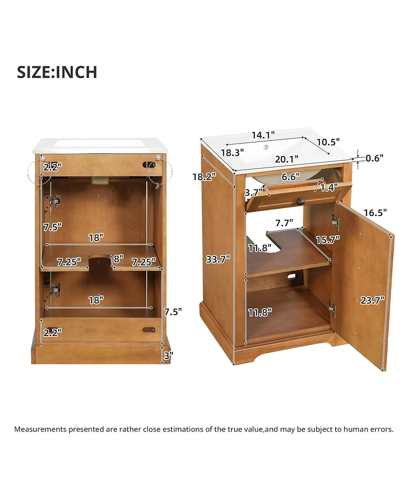 Busdays 20-Inch Small Bathroom Vanity, Integrated Ceramic Sink with Soft-Close Door, Solid Wood Frame