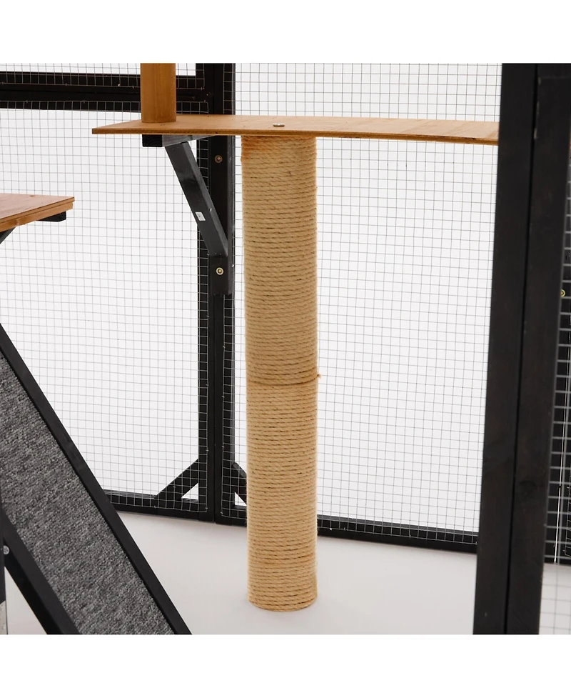 Zeus & Ruta Fir Wood Outdoor Cat Enclosure With Sleeping House Jumping Platforms And Secure Doors