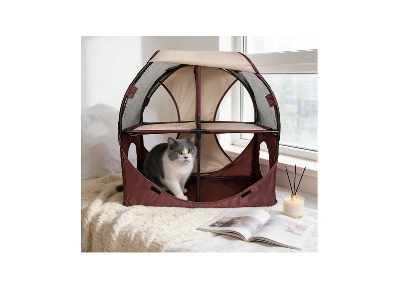 Zeus & Ruta Collapsible Cat Playpen Folding Soft Pet Obstacle Course Indoor Outdoor Travel Kitten House Bed