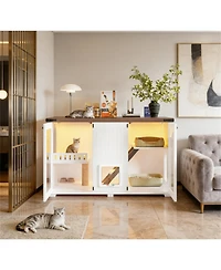 Zeus & Ruta 47.25" Led Light Litter Box Enclosure with Hidden Cat Furniture Cabinet, Stairway Scratching Post and Smart Doors