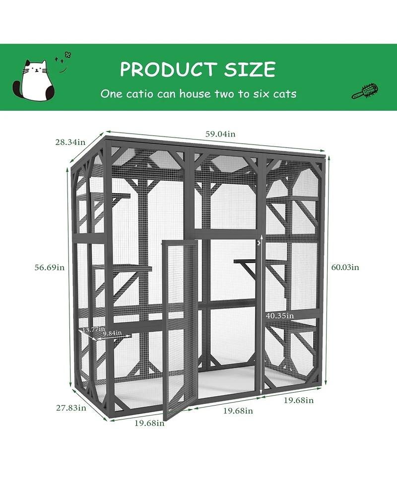 Zeus & Ruta Large Cat Haven with Elevated Sleeping Platform, 71" Wooden Frame with Asphalt Roof, Indoor/Outdoor Enclosure with Wheels