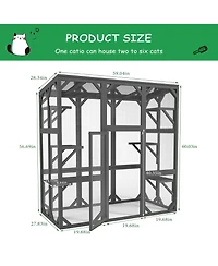 Zeus & Ruta Large Cat Haven with Elevated Sleeping Platform, 71" Wooden Frame with Asphalt Roof, Indoor/Outdoor Enclosure with Wheels