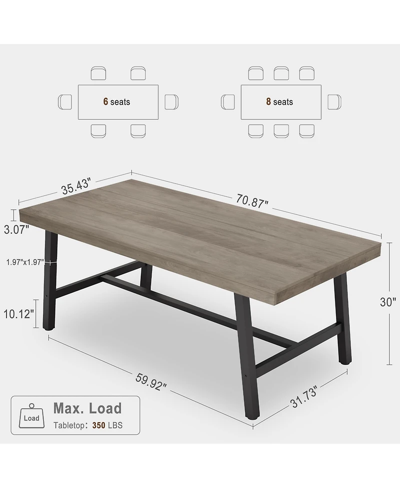 homfan Industrial Dining Table for 6-8, 70.87'' Rectangular Table, Black Metal Frame, Rustic Wood Top, Modern Furniture Home, Living Room, Patio