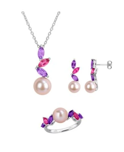 Macys Cultured Freshwater Pearl Pink Amethyst Pink Topaz Ring Earnings Necklace In Sterling Silver