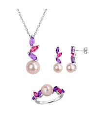 Macys Cultured Freshwater Pearl Pink Amethyst Pink Topaz Ring Earnings Necklace In Sterling Silver