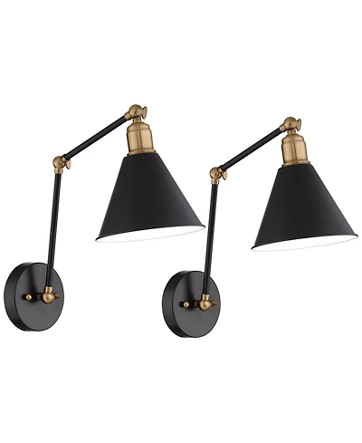 360 Lighting Wray Modern Wall Lamps Set of 2 Painted Black Brass Hardwire Light Fixture Adjustable Arm Metal Cone Shade for Bedroom Reading