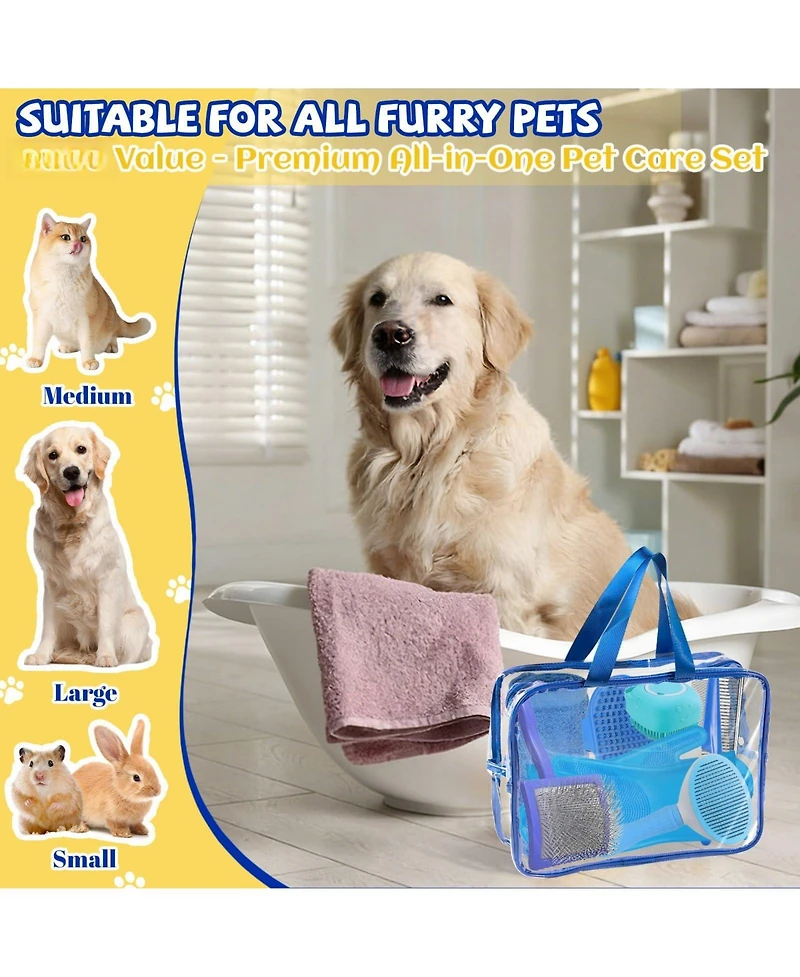 Aronkl 8pcs Pet Grooming Bath Kit with Slicker Brush Deshedding Rake Towel Gloves Combs Scrubber for Dogs Cats Rabbits