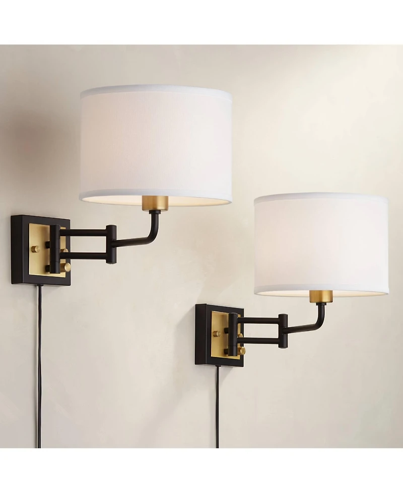 360 Lighting Joelle Modern Swing Arm Wall Lamps Set of 2 Brass Black Plug-in Light Fixture Fabric Drum Shade for Bedroom Bedside Living Room Reading