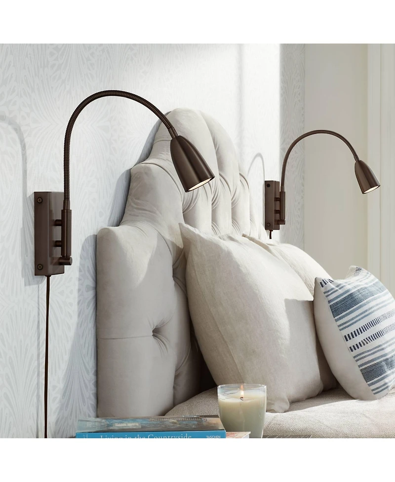 360 Lighting Lido Adjustable Gooseneck Bronze Plug-In Wall Reading Light Set of 2