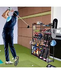 Mecale Golf Storage Organizer with 2 Golf Bag Holders, Baskets and Hooks, Steel Sports Equipment Storage Rack for Garage