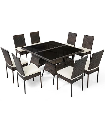 Gymax 10 Pcs Rattan Dining Set w/ Glass Table and High Back Chair Patio Mix Brown