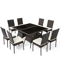 Gymax 10 Pcs Rattan Dining Set w/ Glass Table and High Back Chair Patio Mix Brown