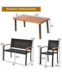 Gymax 5PCS Patio Rattan Dining Set Acacia Wood Tabletop Stackable Chair Bench