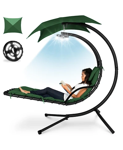 Best Choice Products Hanging Led-Lit Curved Chaise Lounge Chair for Backyard, Patio w/ Pillow, Canopy, Stand